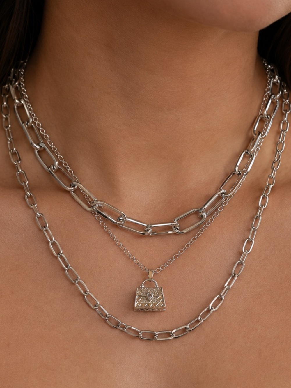 Silver Layered Chain Necklace with Mini Handbag Charm